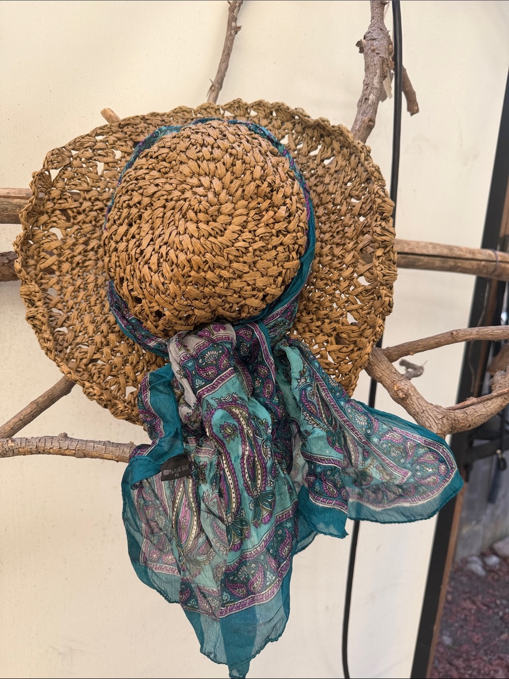 Straw Woven Sun Hat with Teal Paisley Scarf
